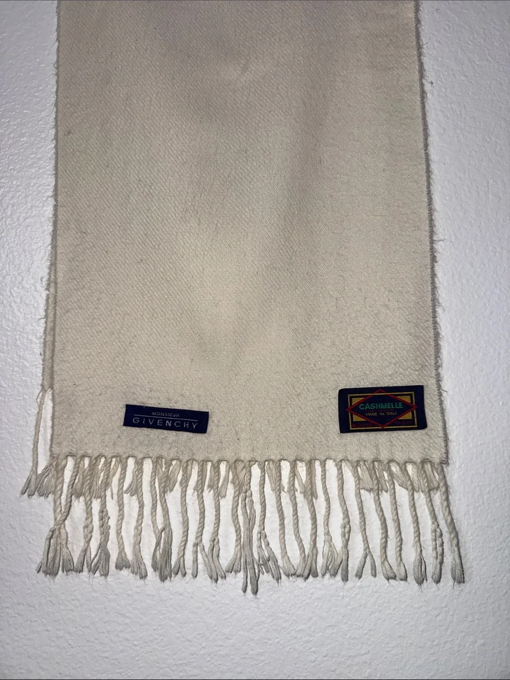 Vintage Monsieur Givenchy Ivory 100% Cashmere Scarf Made in Italy 12”x 50” Long